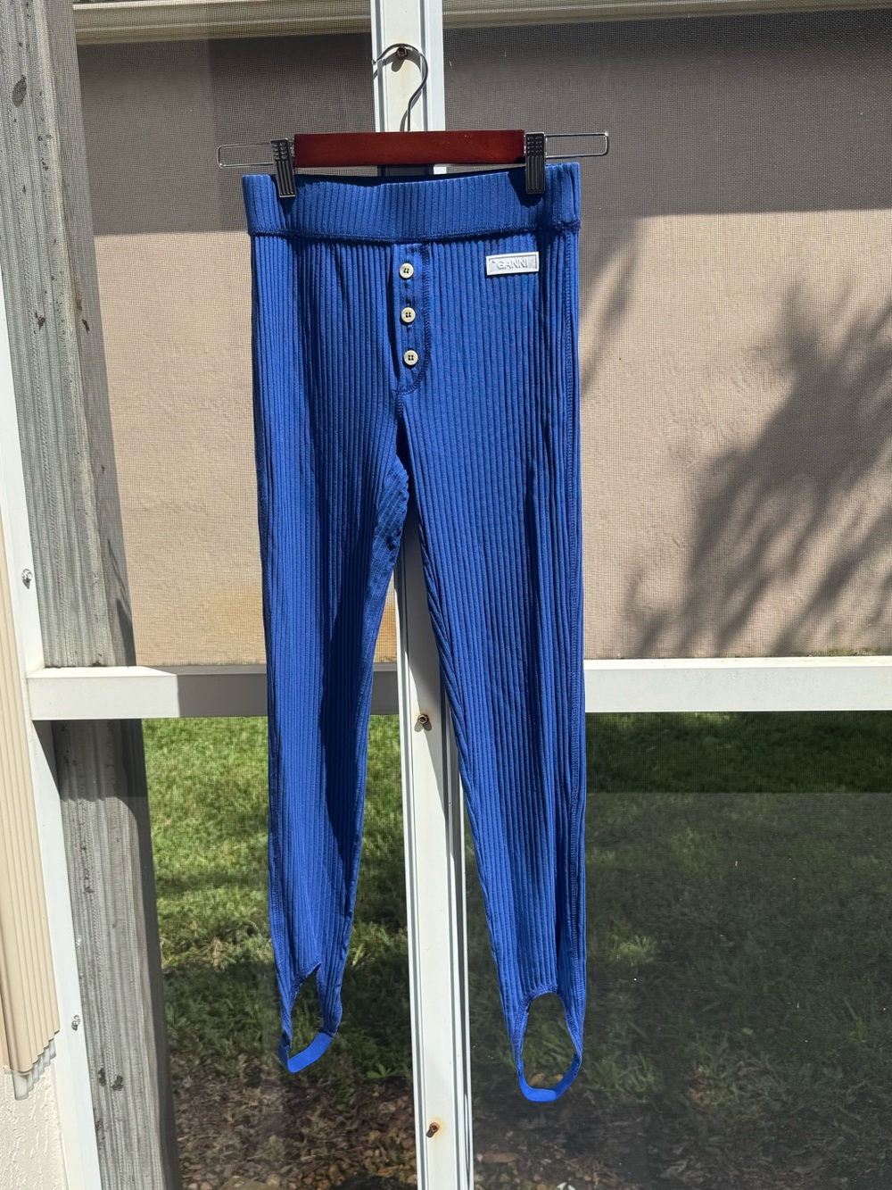 Ganni Royal Blue Ribbed Stirrup Leggings